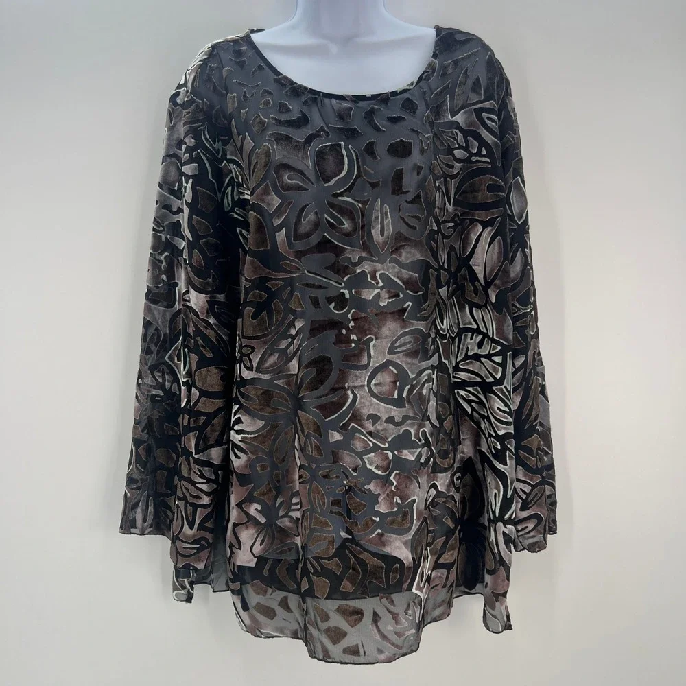 Additions by Chico's Size 3 US XL Black Brown Floral Burnout Velvet Tunic Top - Picture 1 of 10